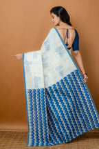 Handwoven White Hand Block Printed Tussar Saree