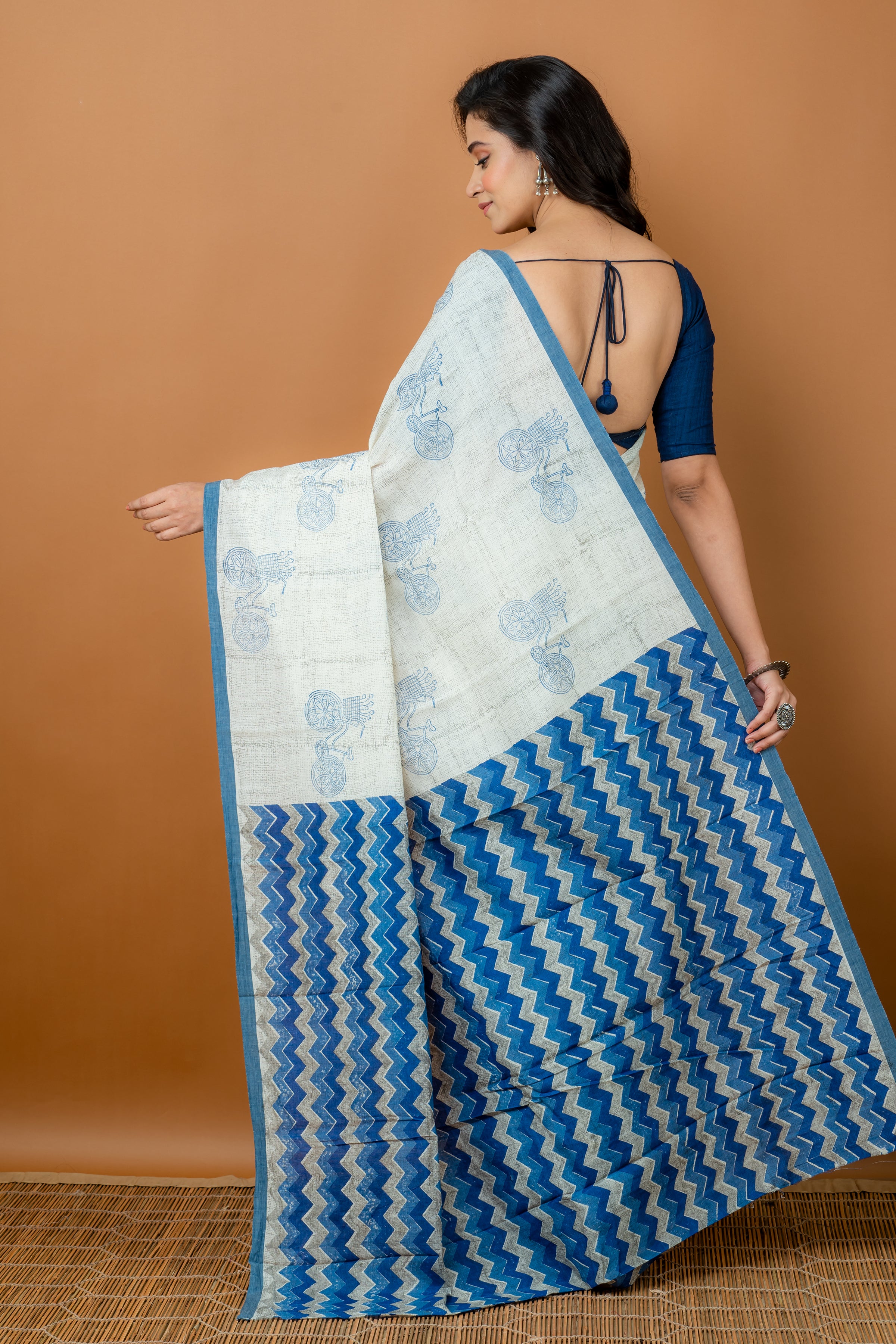 Handwoven White Hand Block Printed Tussar Saree