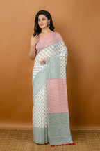 Handwoven multicolor block printed silk cotton saree