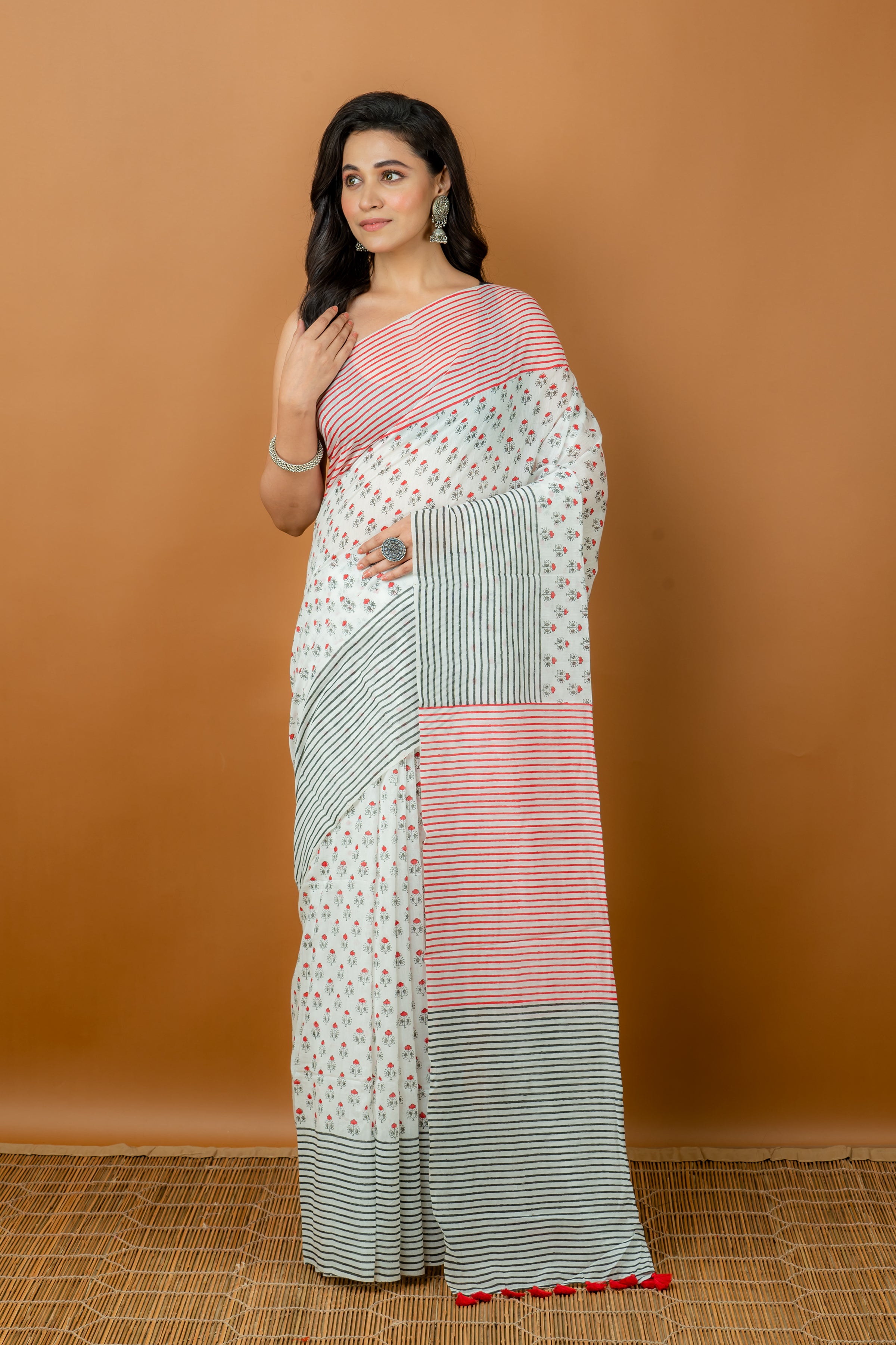 Handwoven multicolor block printed silk cotton saree