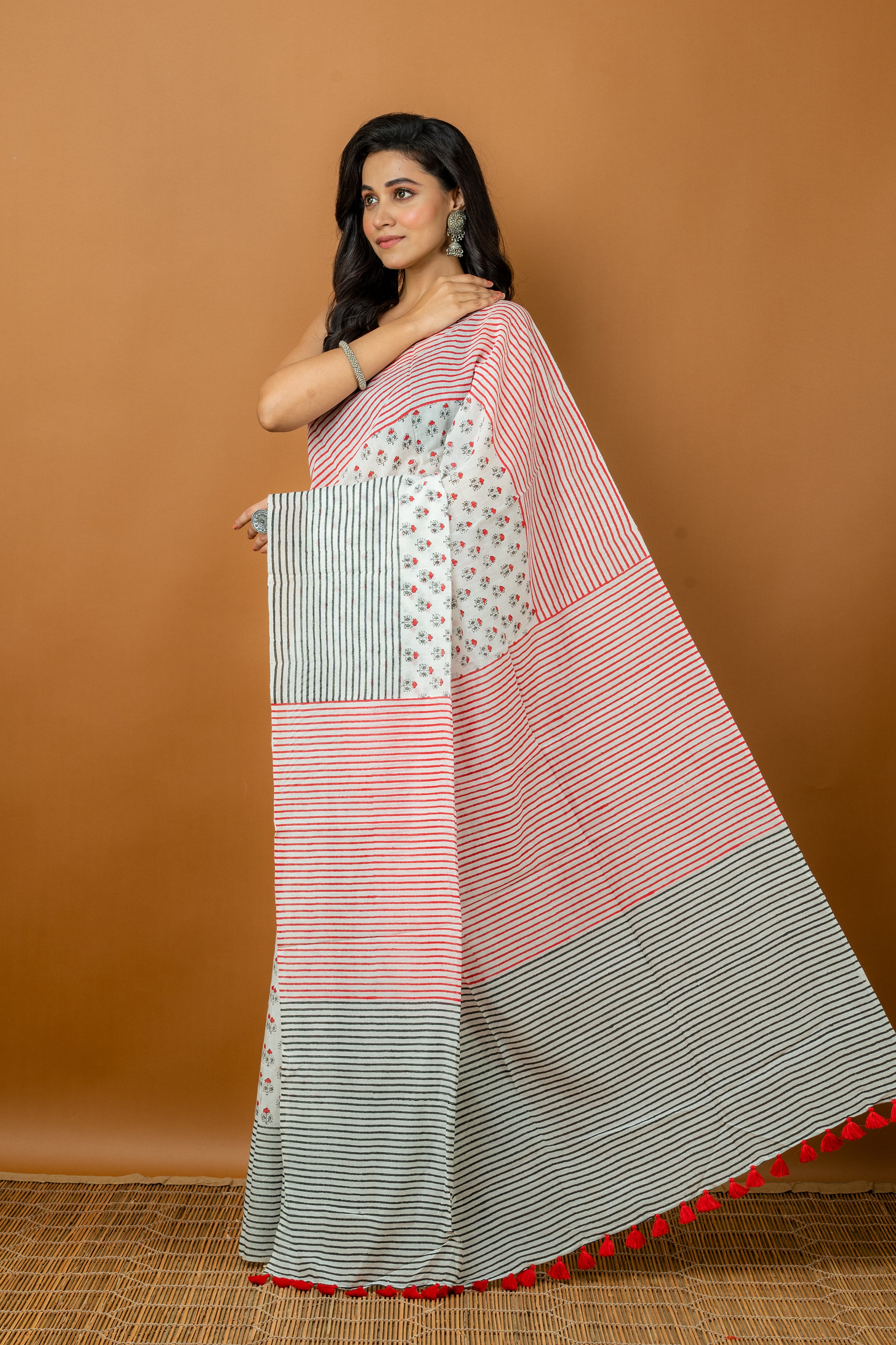 Handwoven Multicolor Block printed Silk Cotton Saree