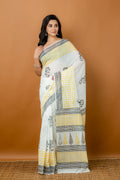 Handwoven yellow printed silk cotton saree