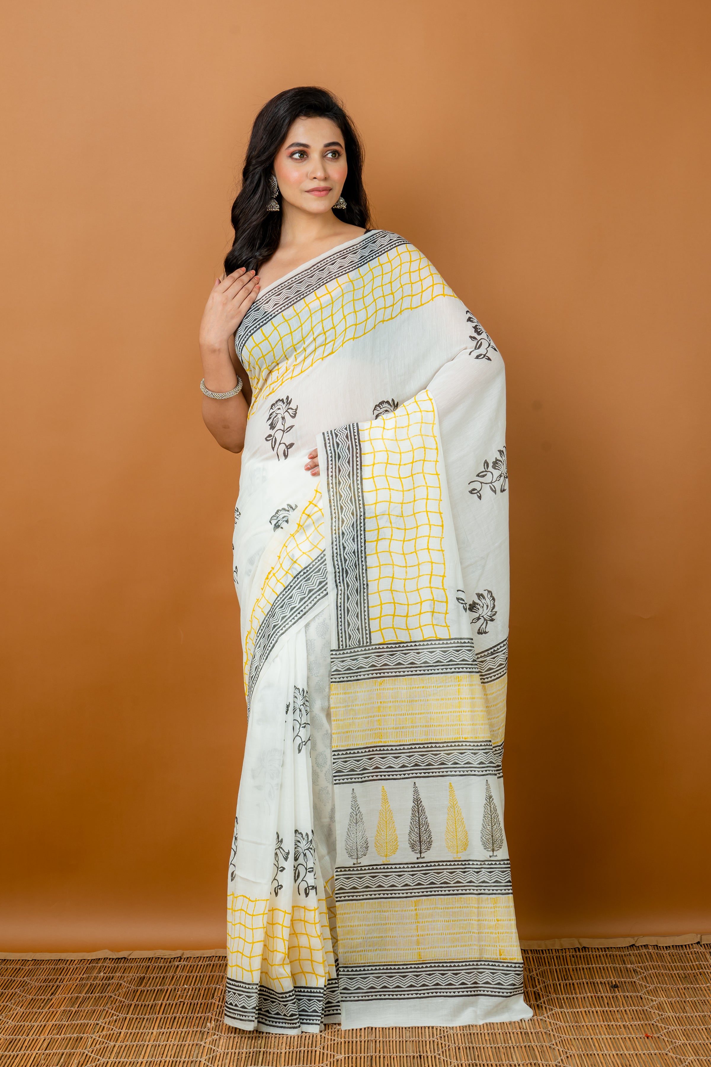 Handwoven yellow printed silk cotton saree