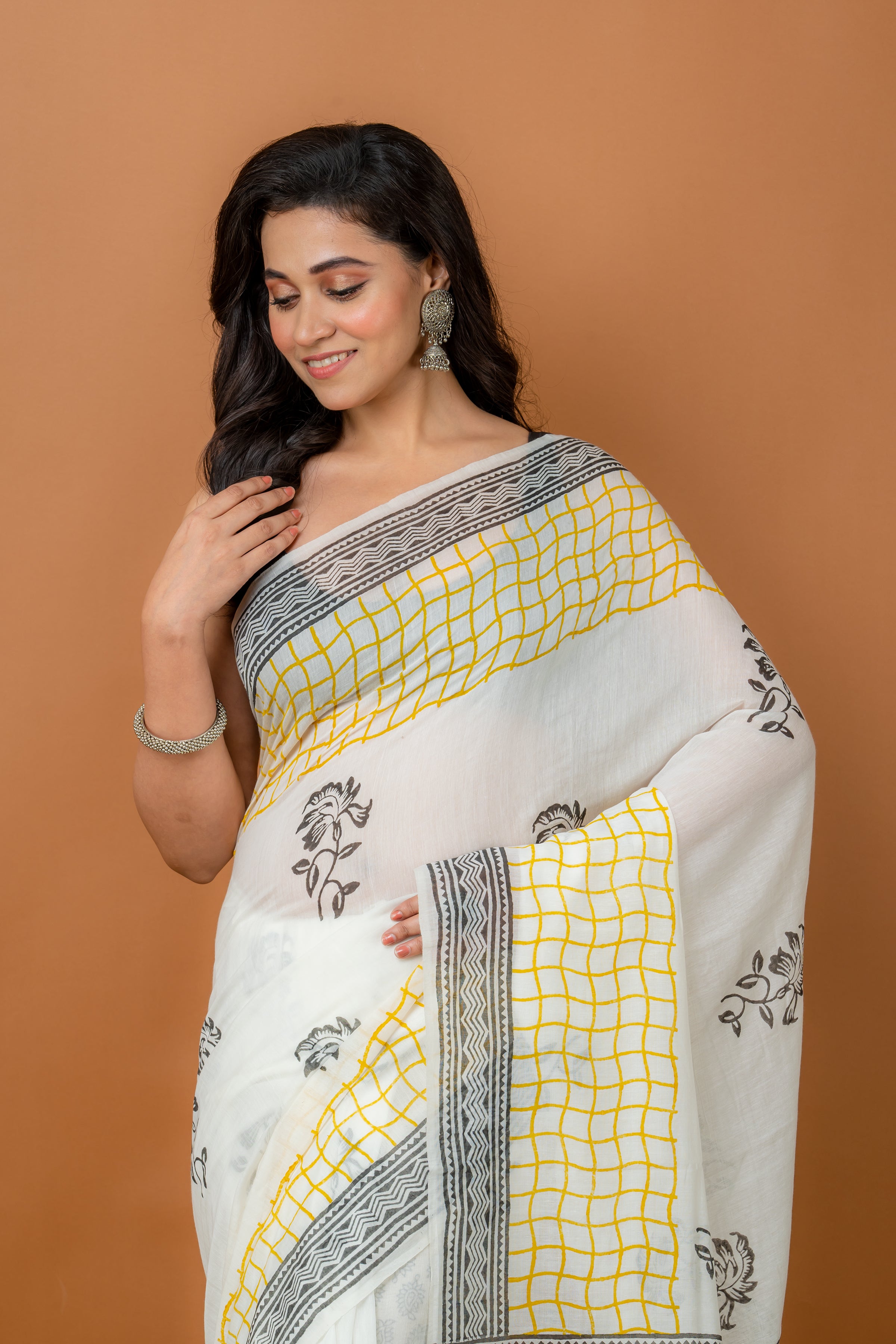 Handwoven Yellow Printed Silk cotton Saree