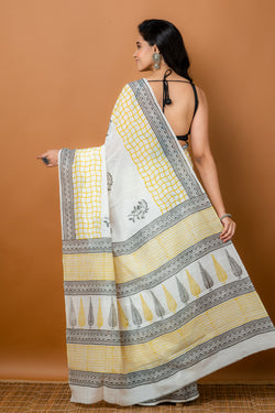 Handwoven Yellow Printed Silk cotton Saree