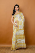 Yellow printed silk cotton handloom saree
