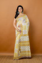 Yellow printed silk cotton handloom saree