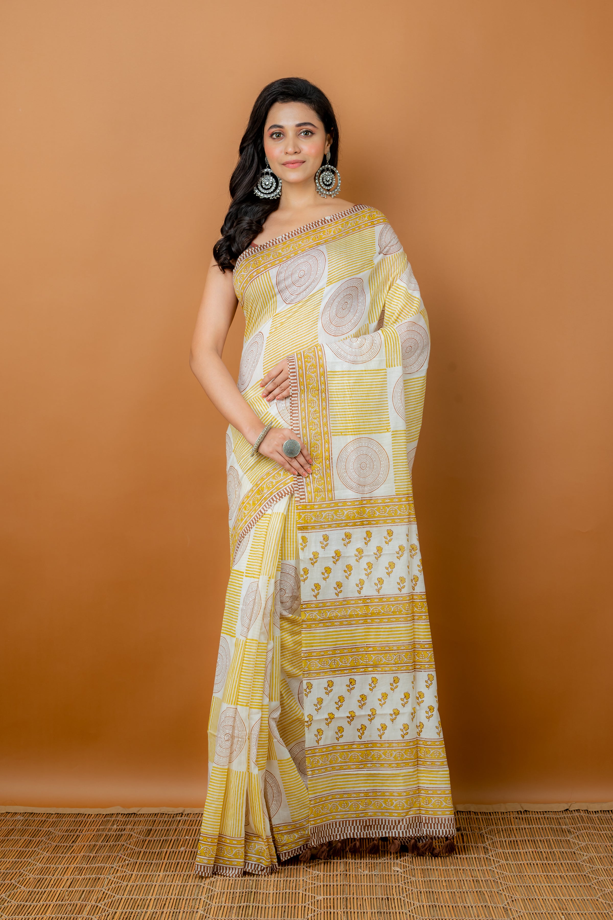 Yellow printed silk cotton handloom saree