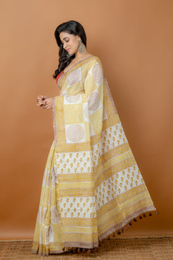 Handwoven Yellow Printed Silk Cotton Saree