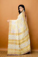 Handwoven Yellow Printed Silk Cotton Saree