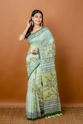 Green printed silk cotton handloom saree