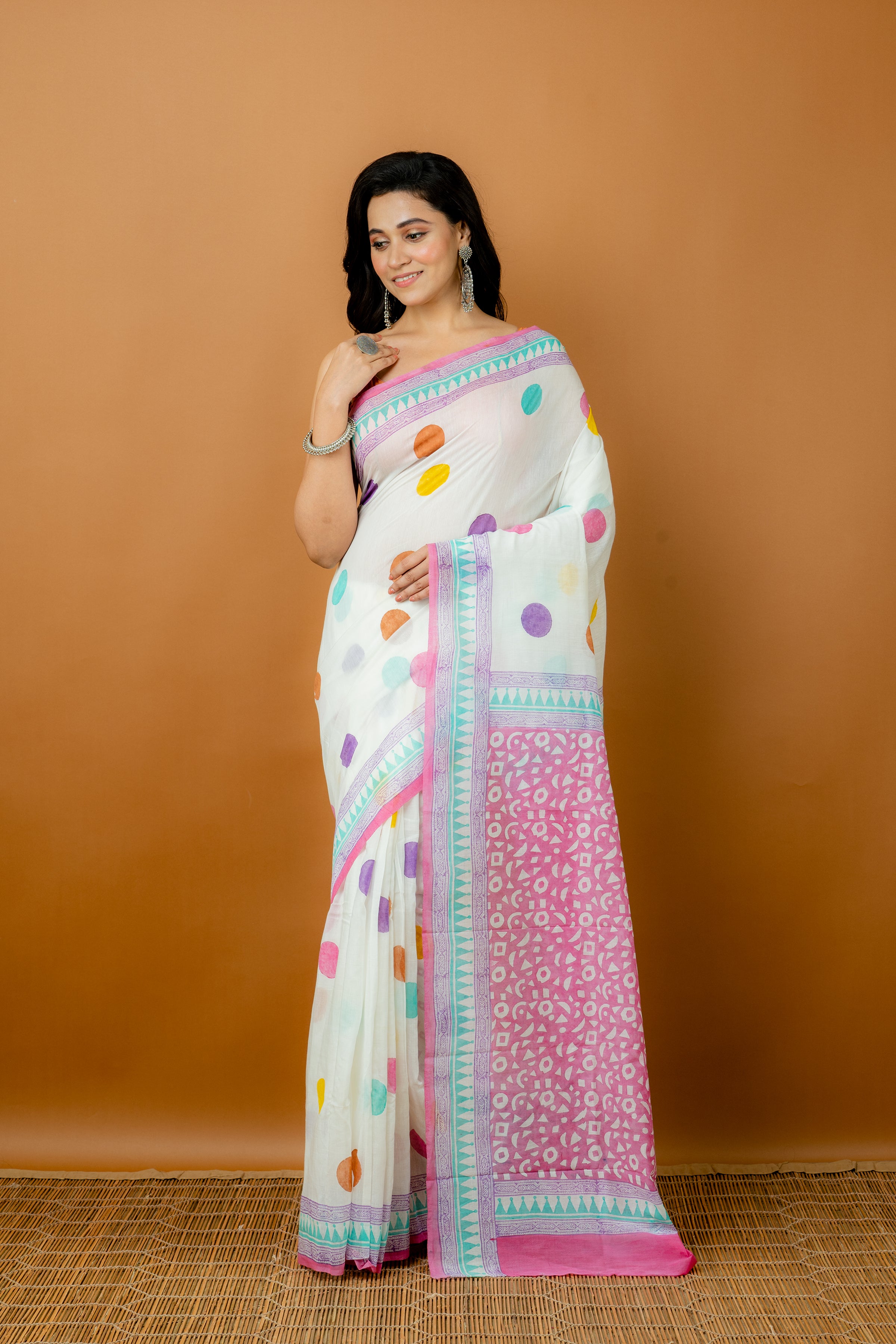 Multicolor printed silk cotton handloom saree