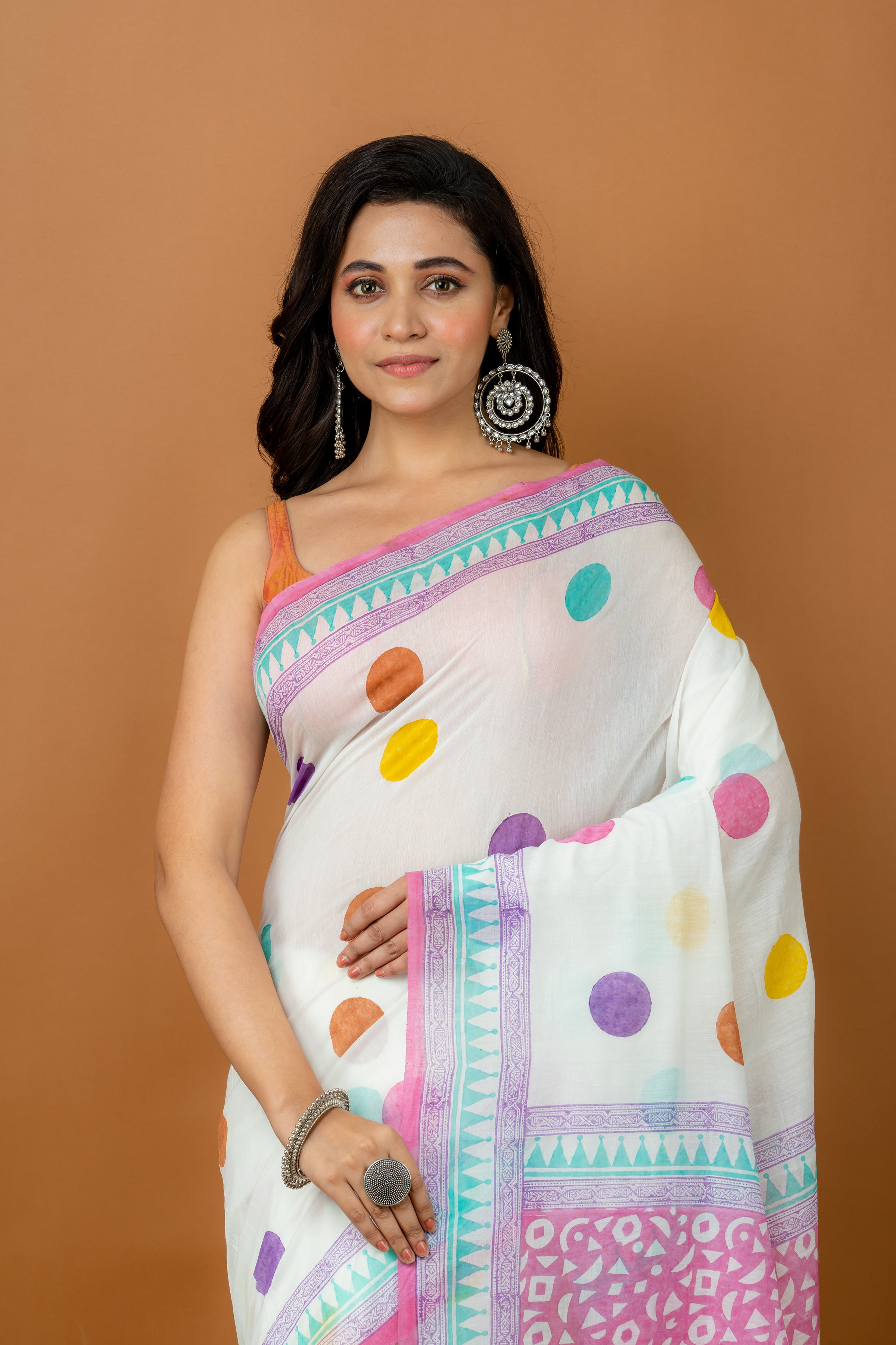 Handwoven Multicolor Printed silk cotton saree