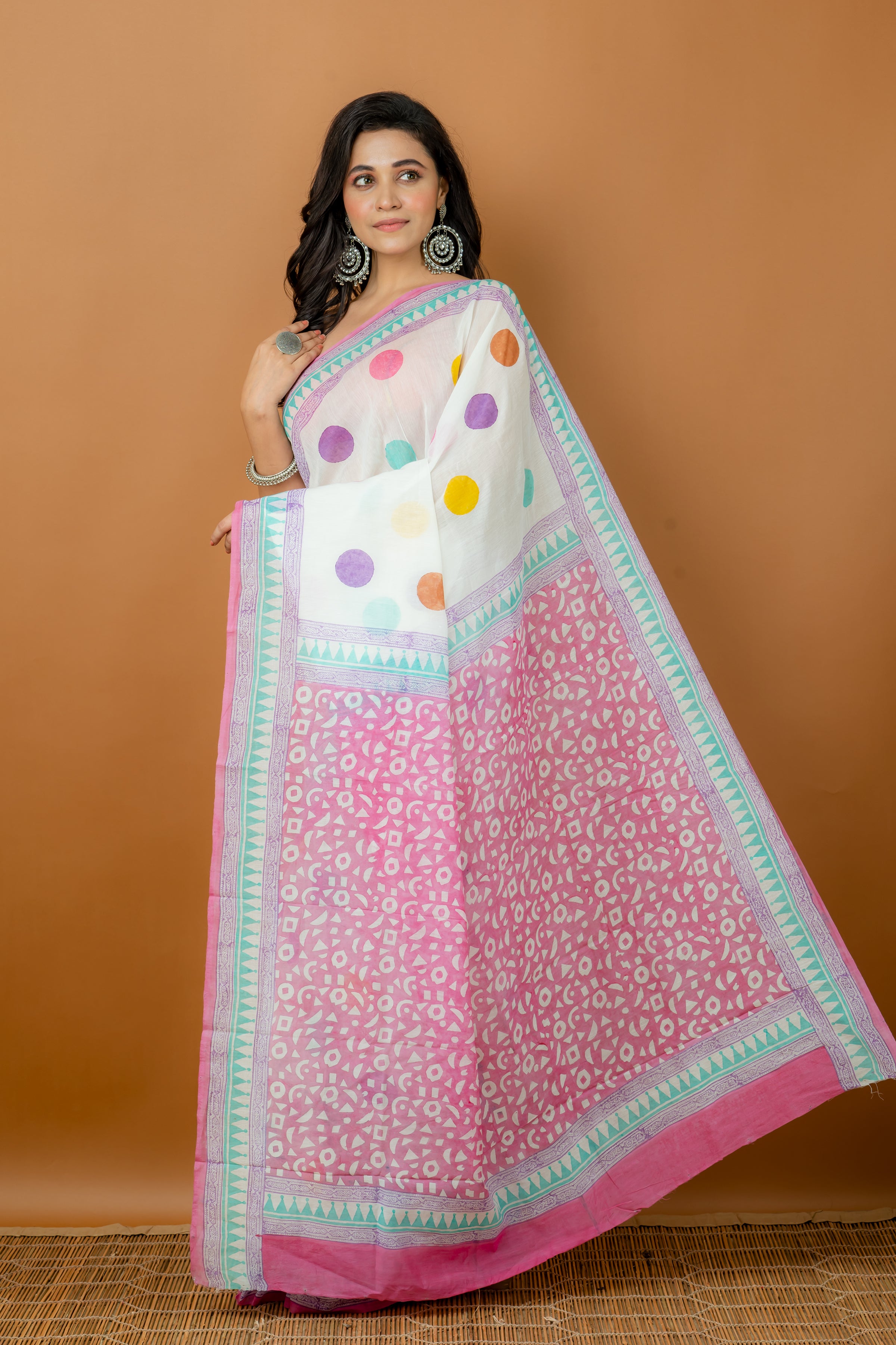 Handwoven Multicolor Printed Silk Cotton Saree