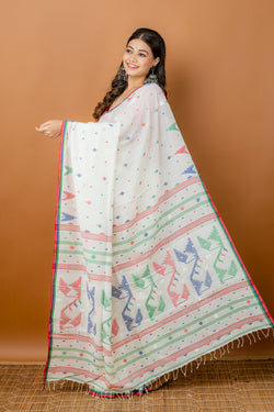 Handwoven White Khadi Jamdani saree