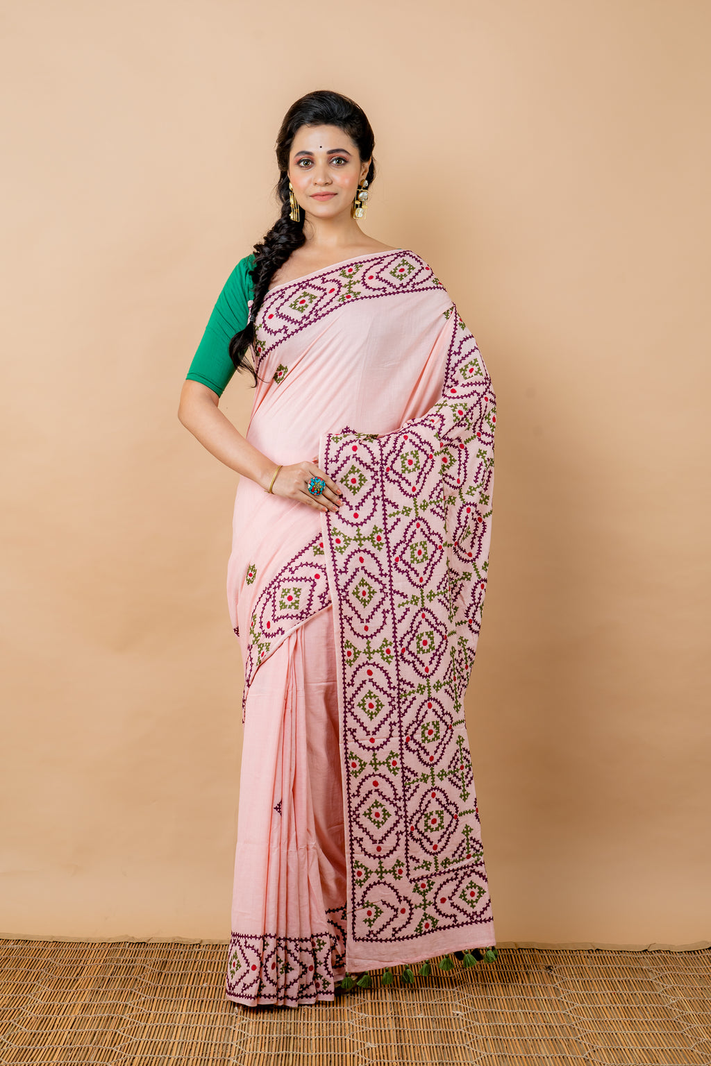 Handwoven light pink Gujarati stitch cotton saree