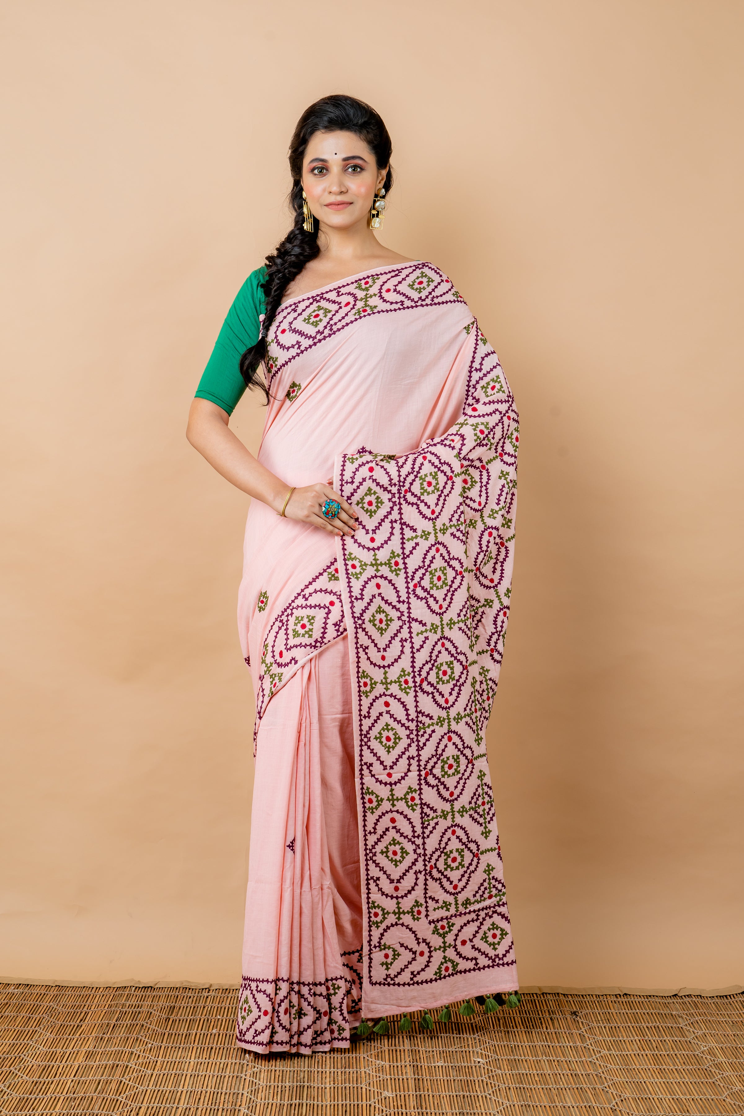 Handwoven light pink Gujarati stitch cotton saree