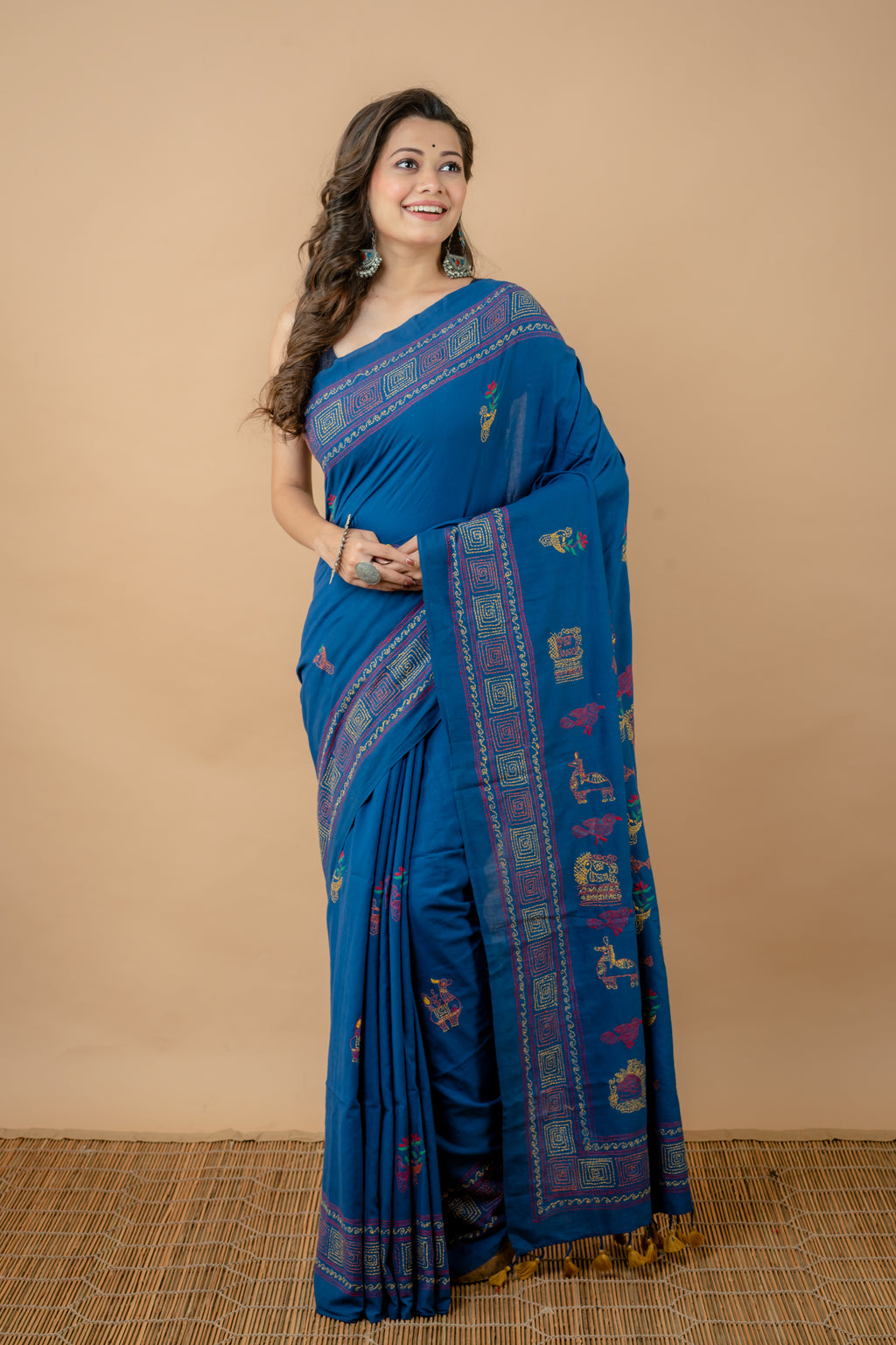 Handwoven Blue Cotton Saree With Kantha Work