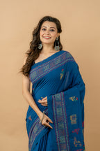 Handwoven Blue Cotton Saree With Kantha Work