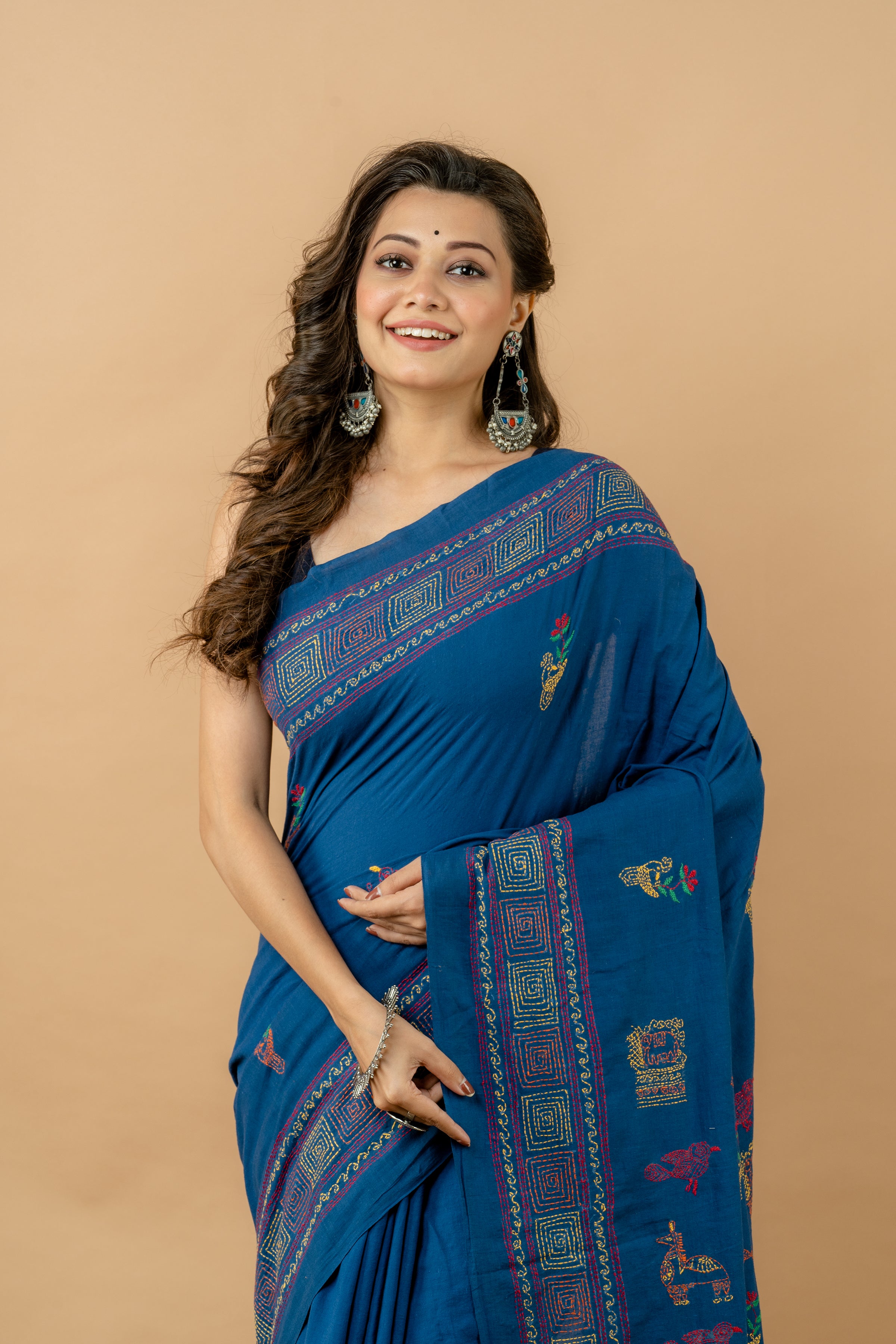 Handwoven Blue Cotton Saree With Kantha Work