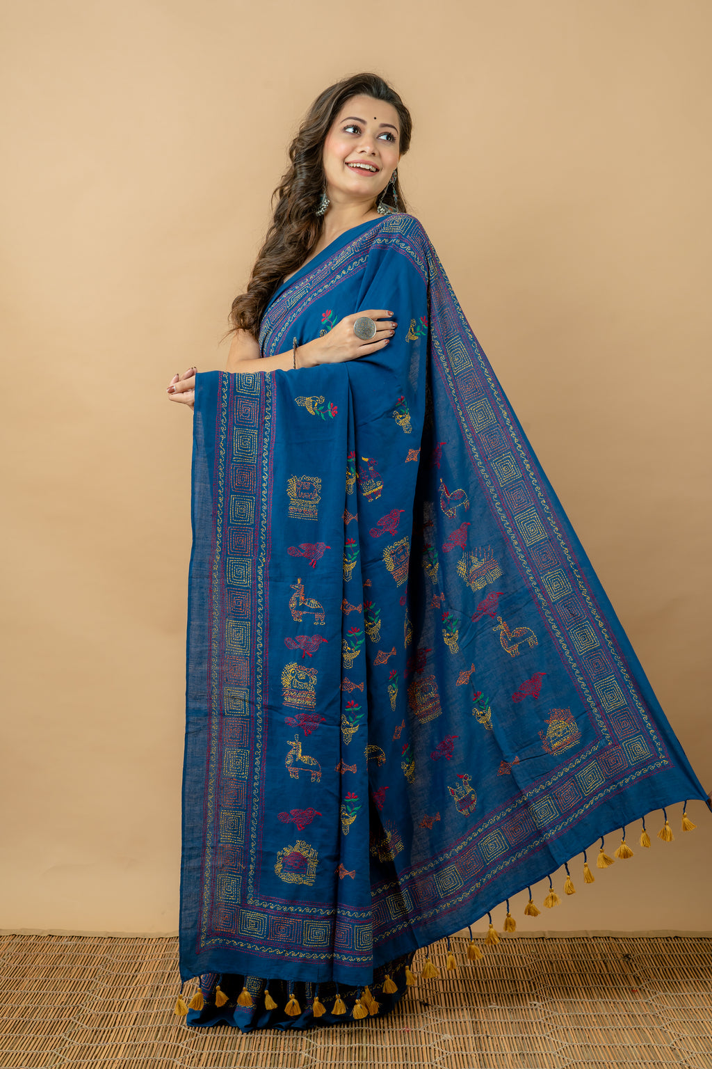 Handwoven Blue Cotton Saree With Kantha Work