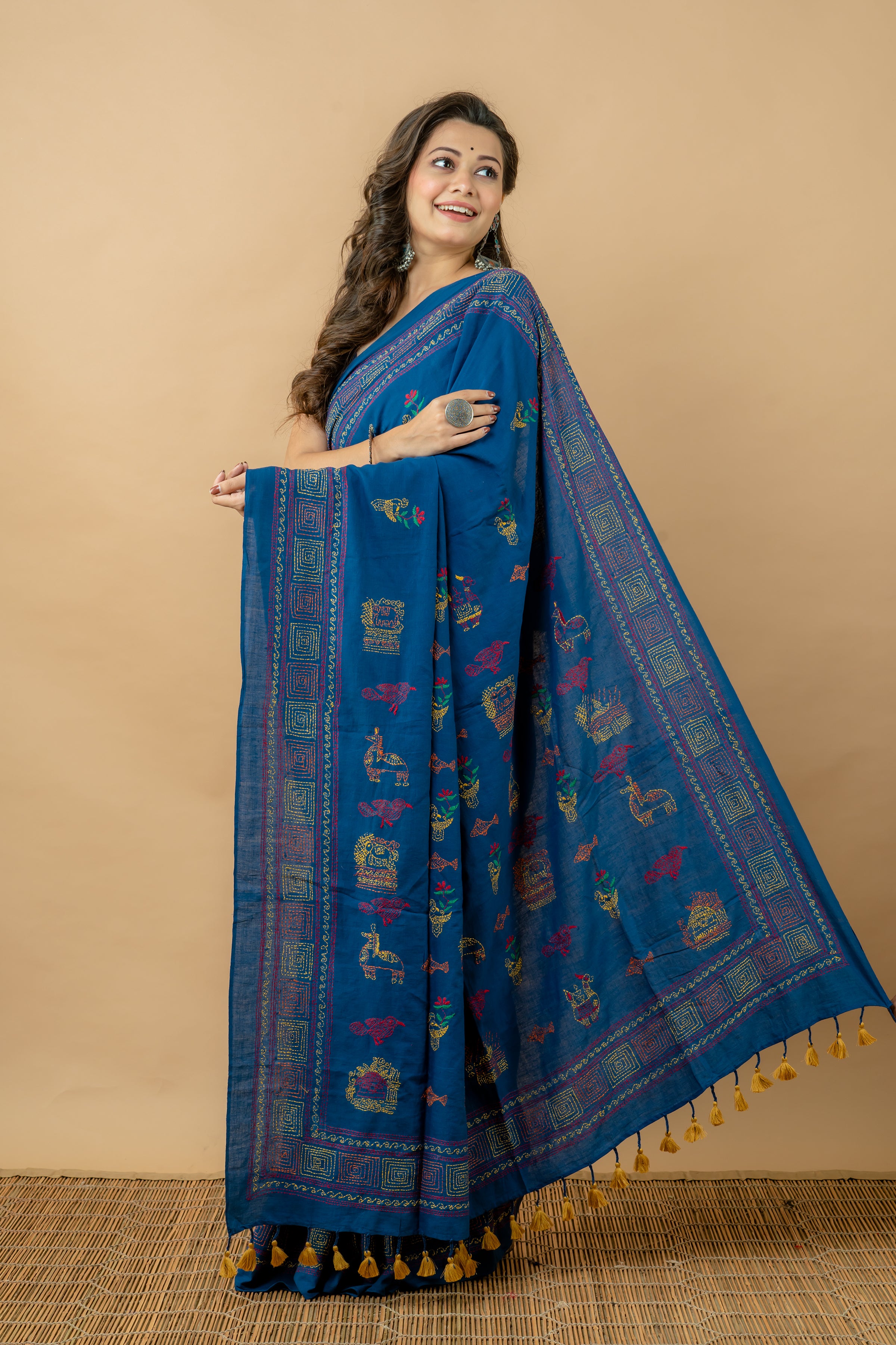 Handwoven Blue Cotton Saree With Kantha Work