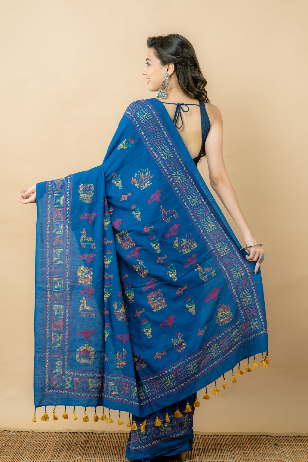 Handwoven Blue Cotton Saree With Kantha Work