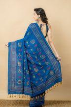 Handwoven Blue Cotton Saree With Kantha Work