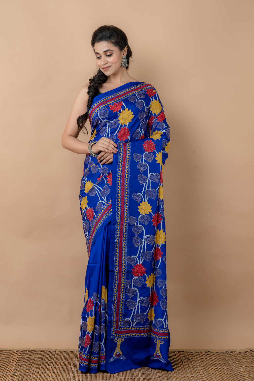 Handwoven  Blue Bangalore Silk With Kantha Work