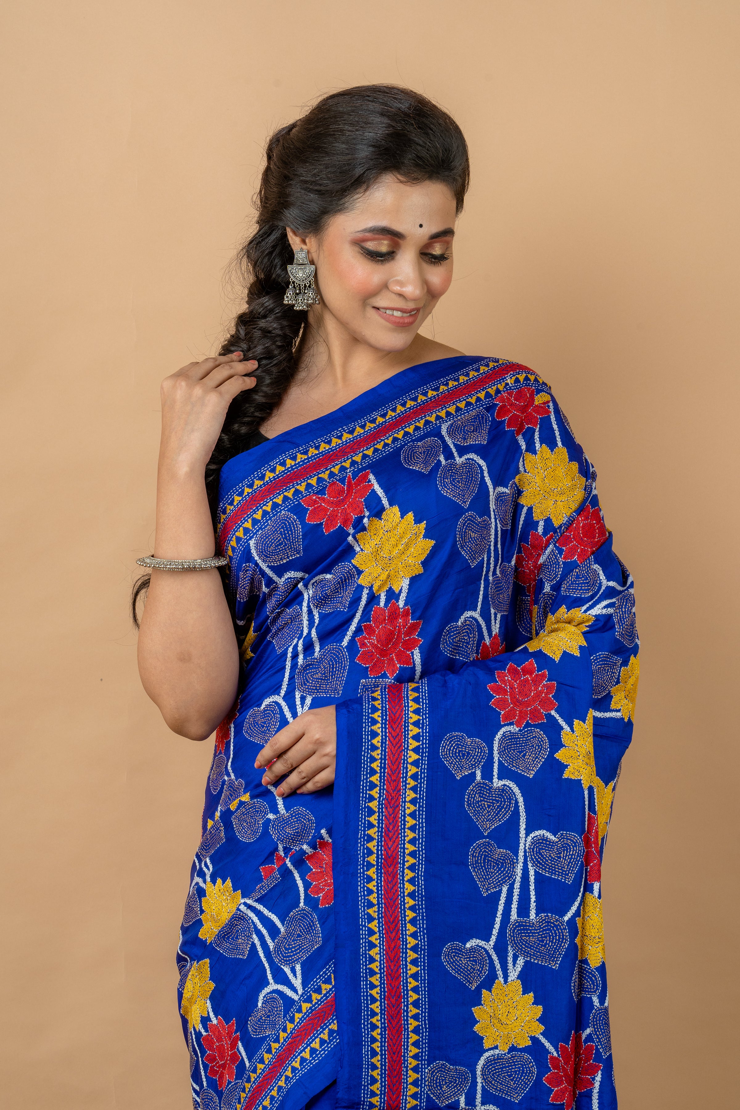 Handwoven  Blue Bangalore Silk With Kantha Work