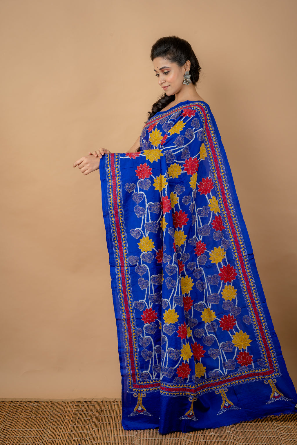 Handwoven  Blue Bangalore Silk With Kantha Work