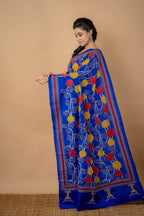 Handwoven  Blue Bangalore Silk With Kantha Work