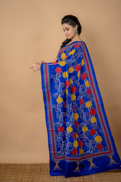 Handwoven  Blue Bangalore silk With Kantha work