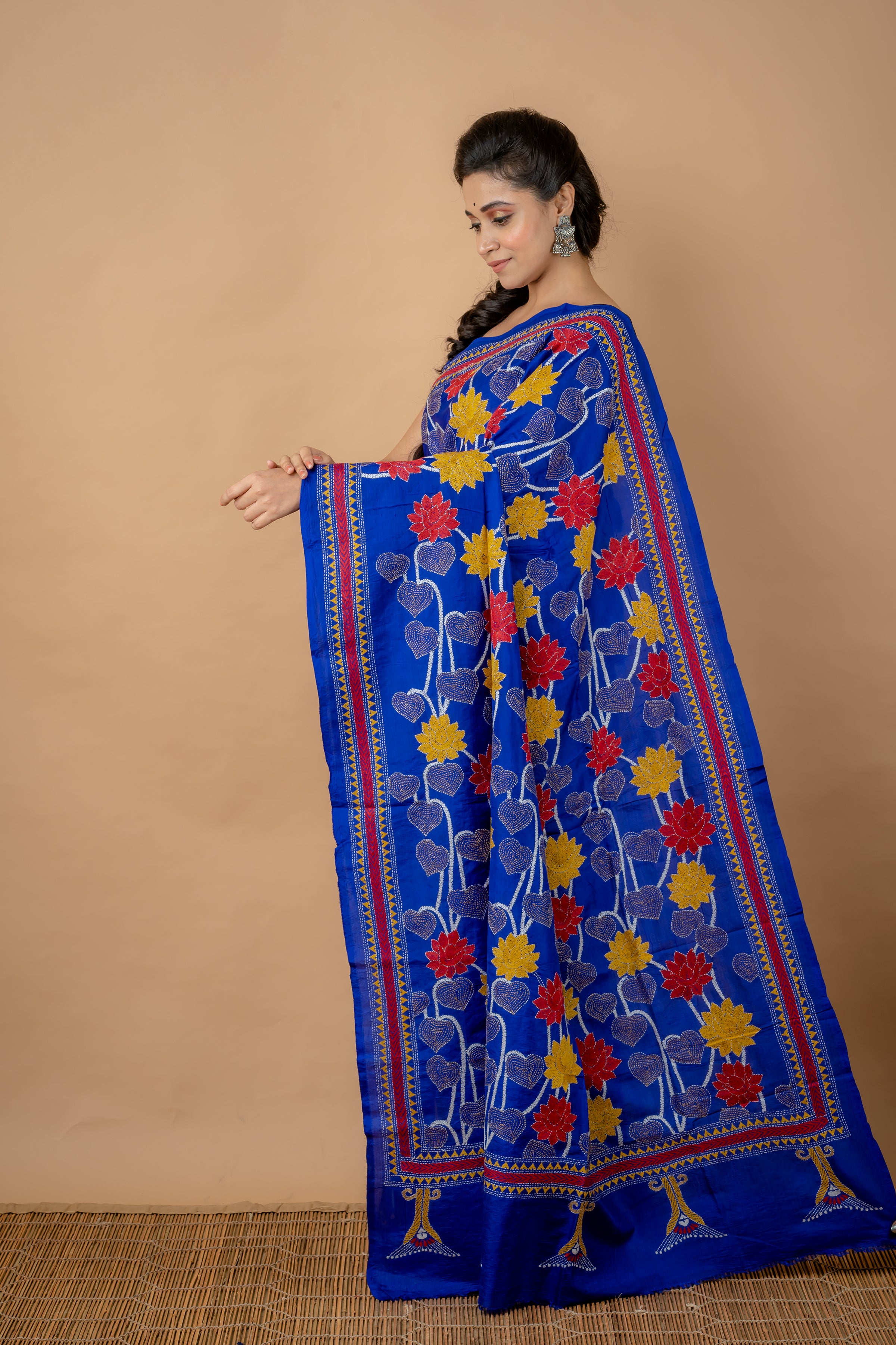 Handwoven  Blue Bangalore Silk With Kantha Work