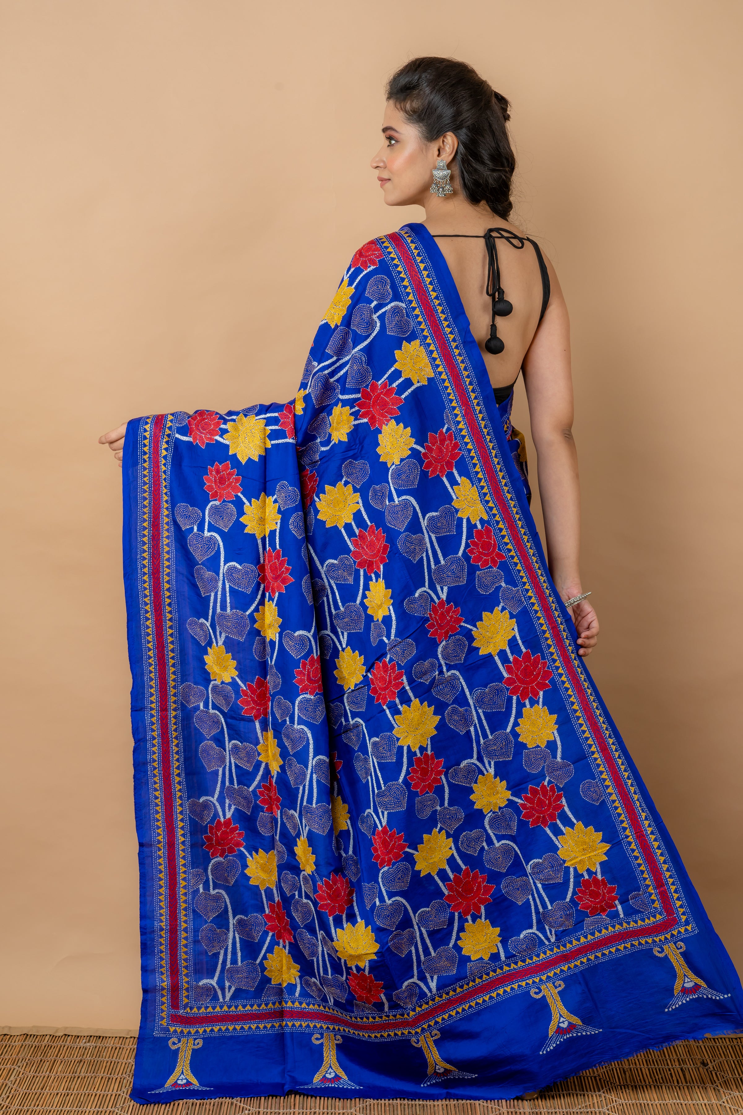 Handwoven  Blue Bangalore Silk With Kantha Work