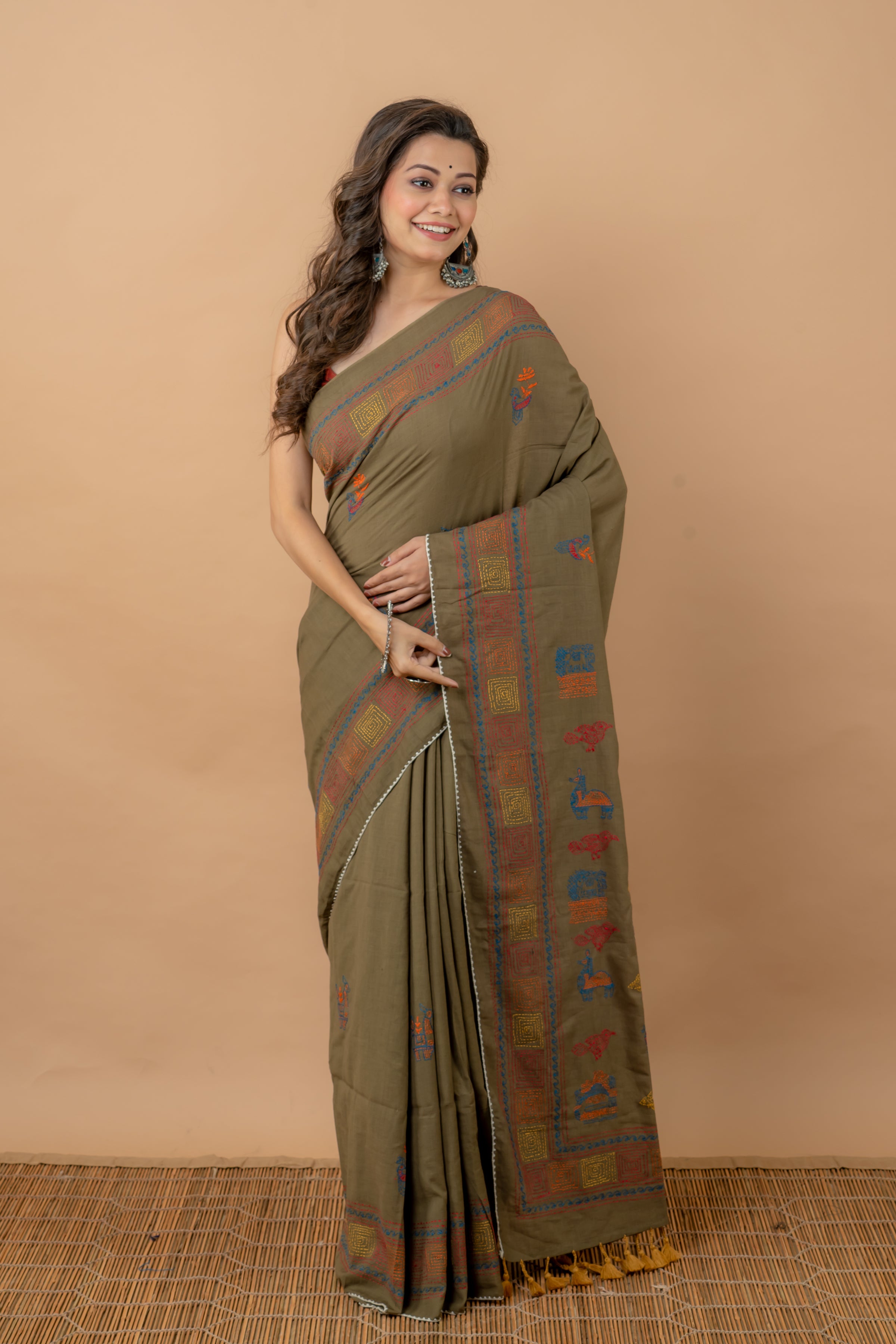 Olive Green Cotton Kantha Saree - Aankona