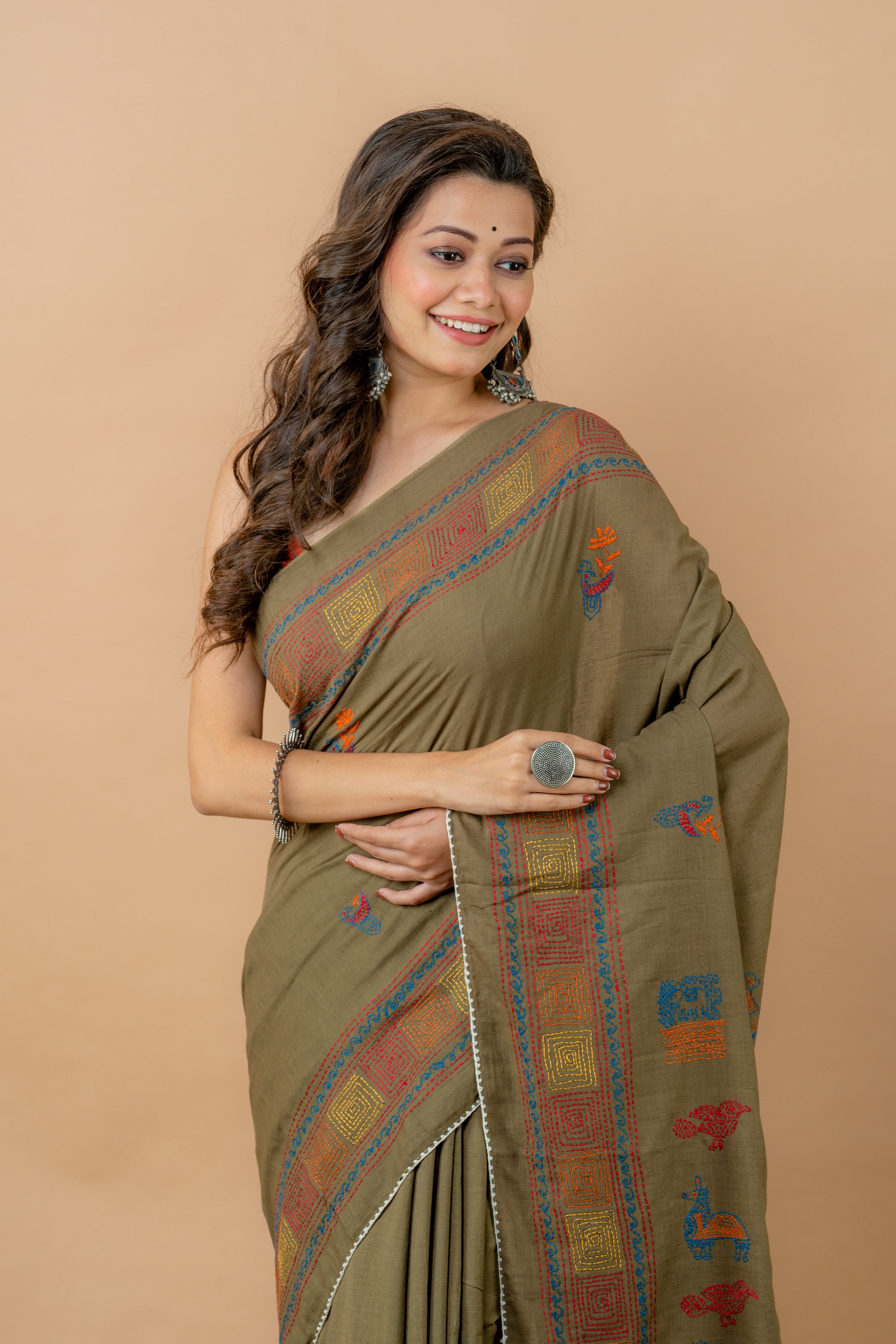 Olive Green Cotton Kantha Saree - Aankona
