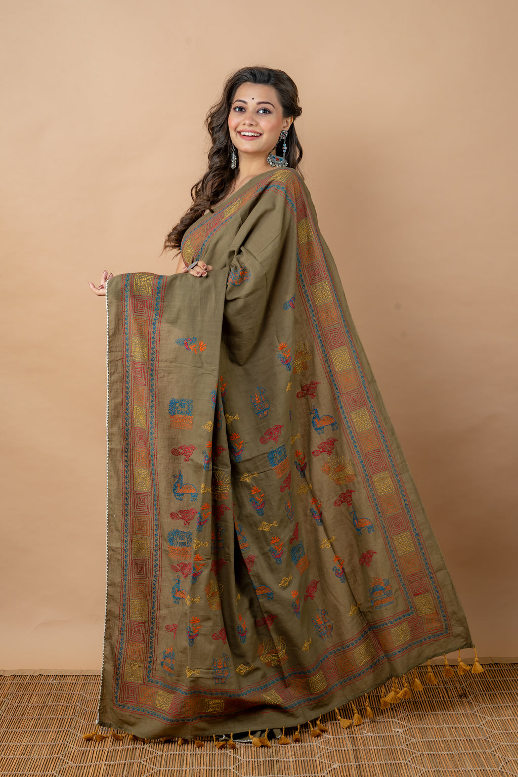 Olive Green Cotton Kantha Saree - Aankona