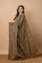 Olive Green Cotton Kantha Saree - Aankona