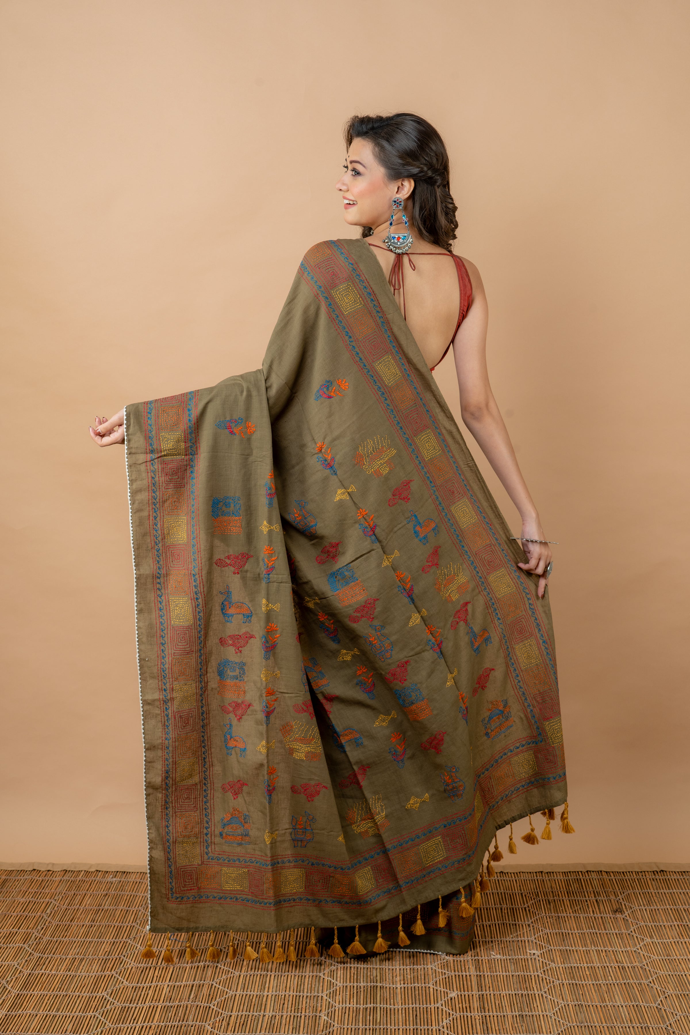 Olive Green Cotton Kantha Saree - Aankona