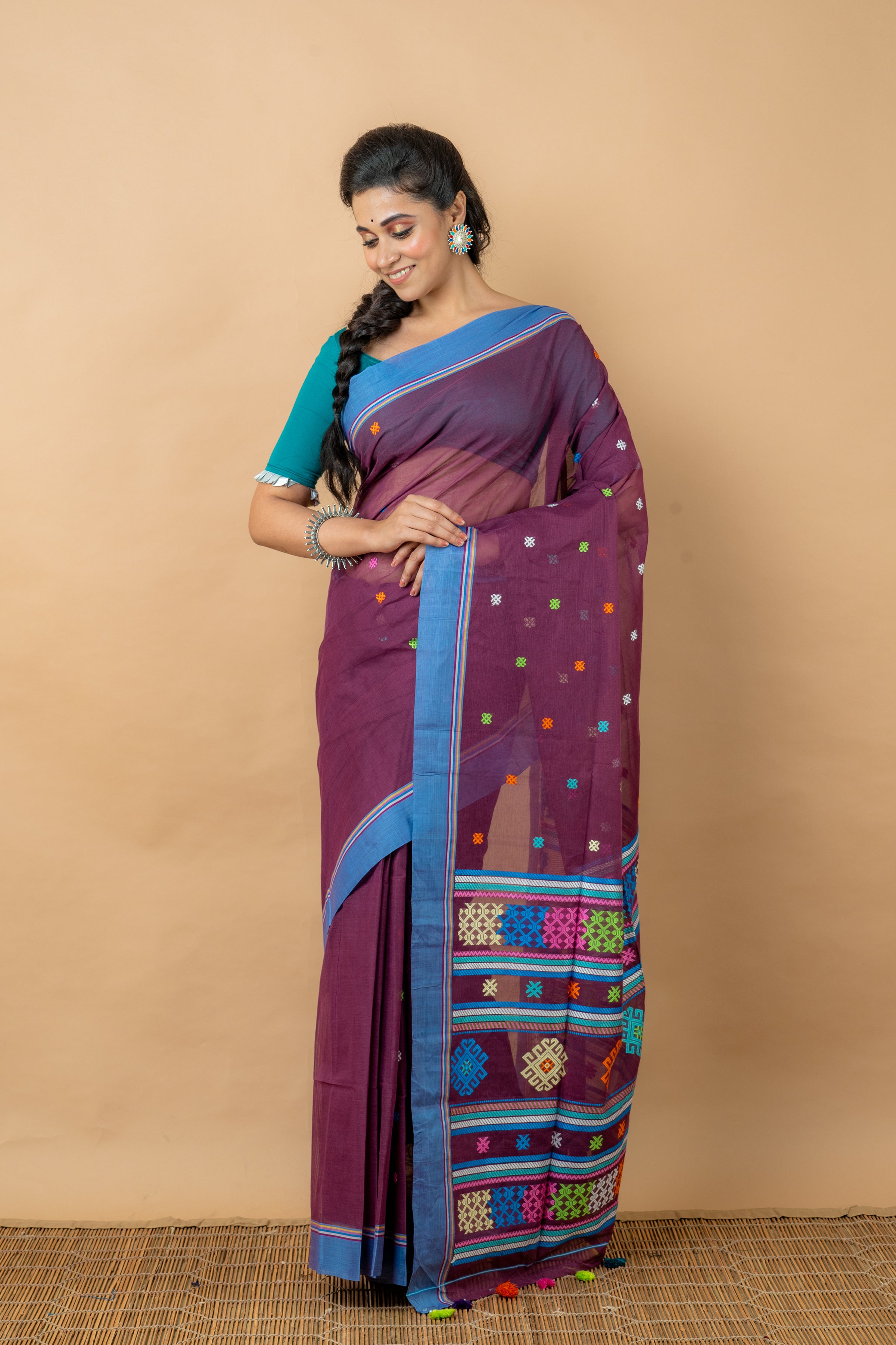 Purple Handwoven Tangail Saree - Aankona