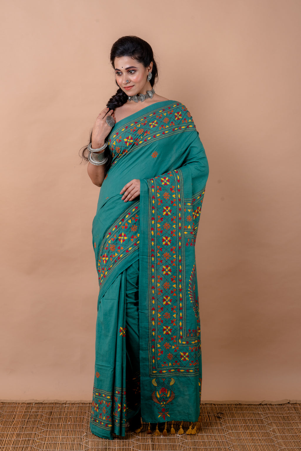 Cotton Saree With Kantha Work - Aankona