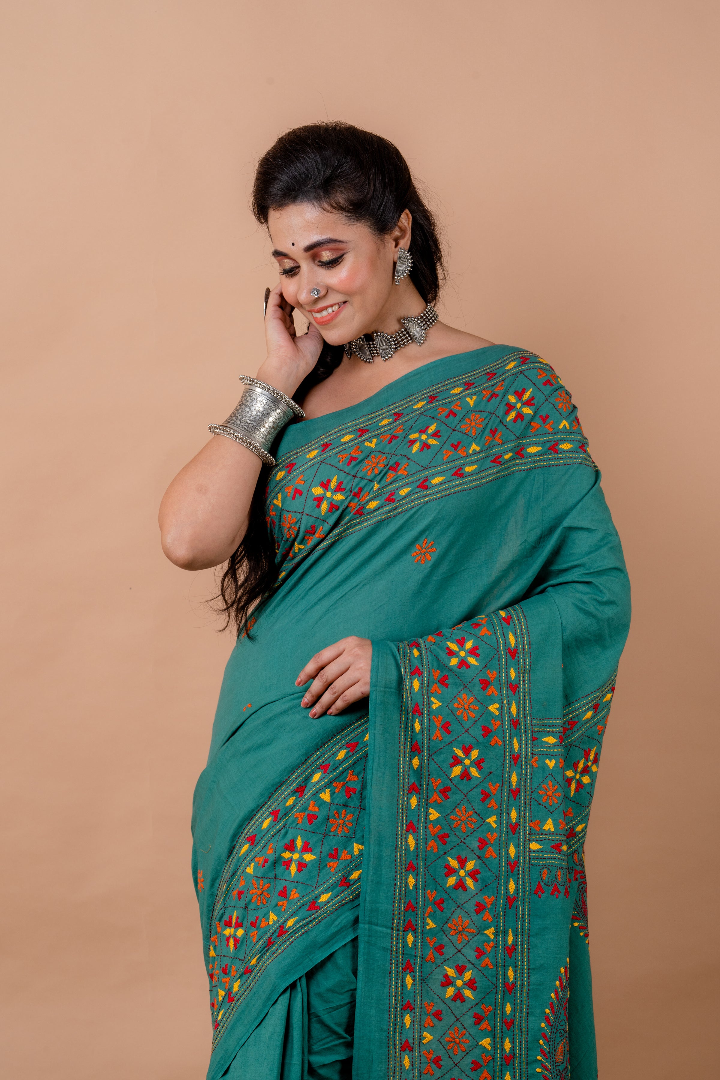 Cotton Saree With Kantha Work - Aankona