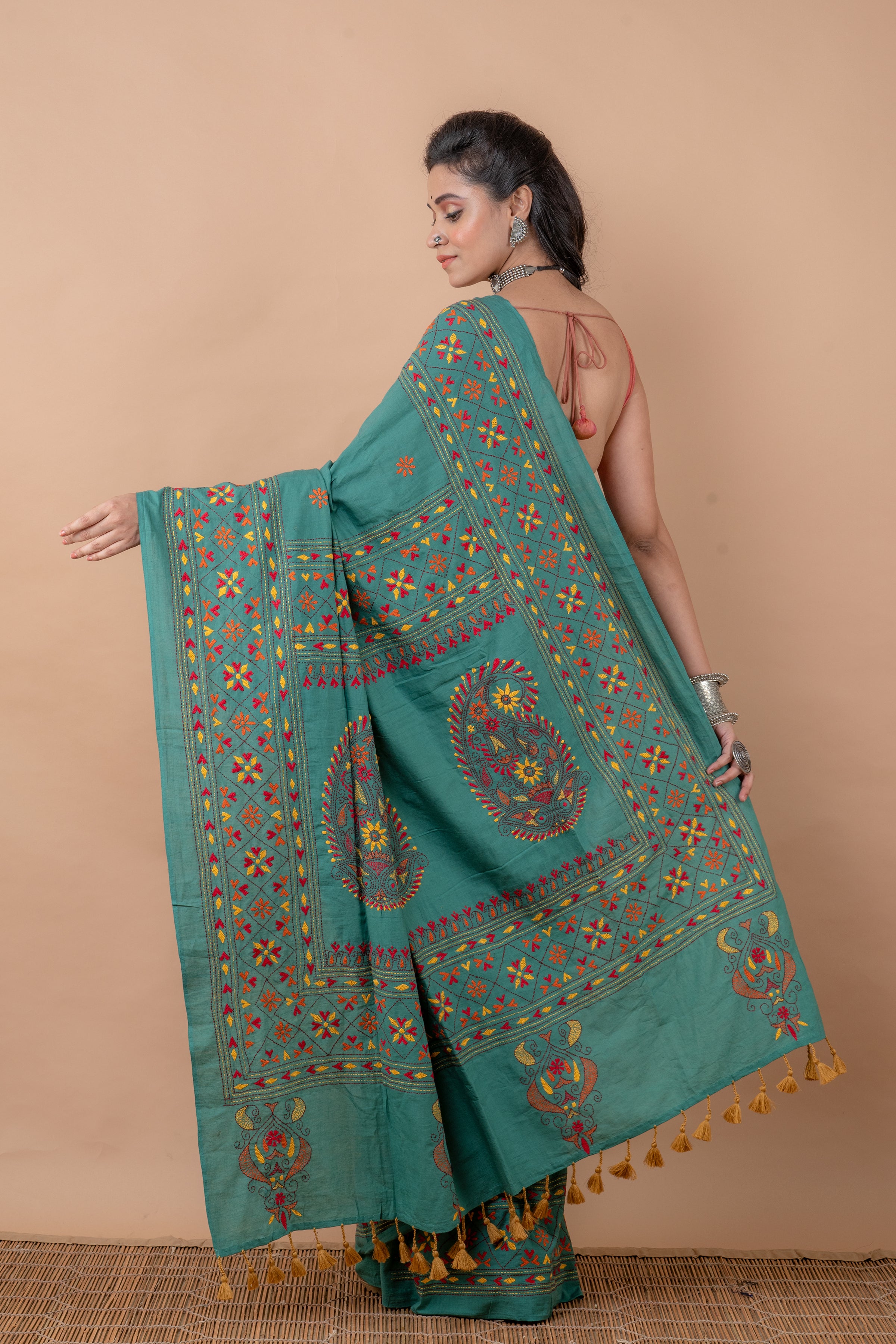 Cotton Saree With Kantha Work - Aankona