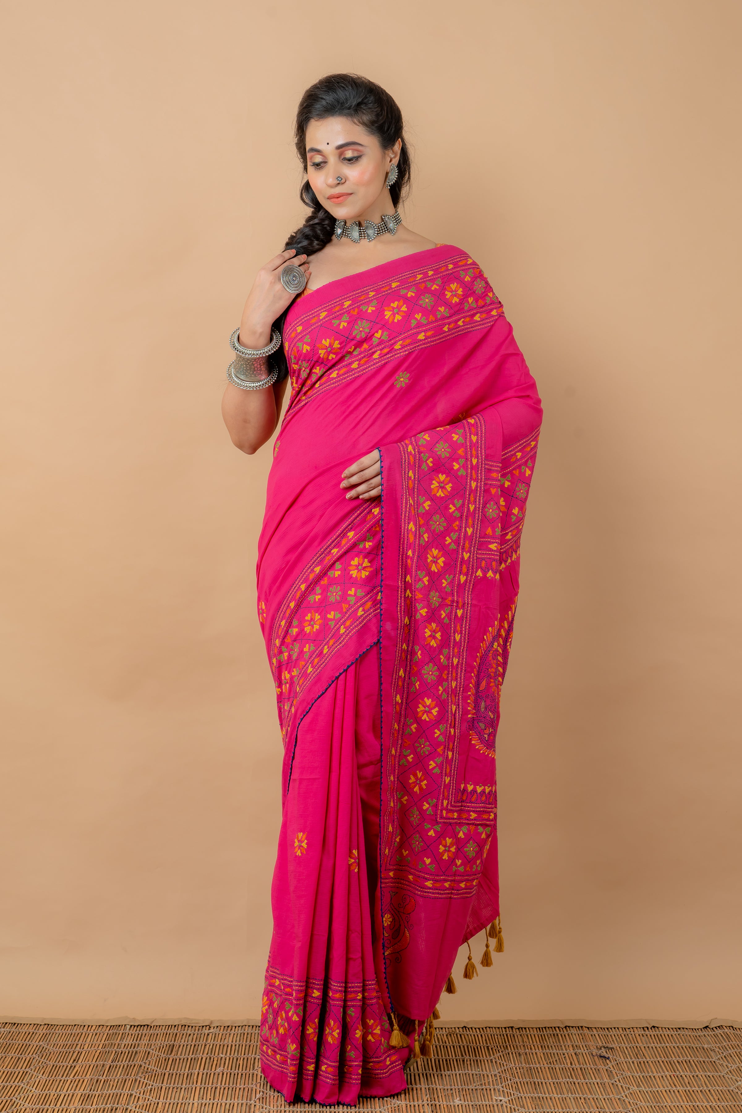 Cotton Saree With Kantha Work - Aankona