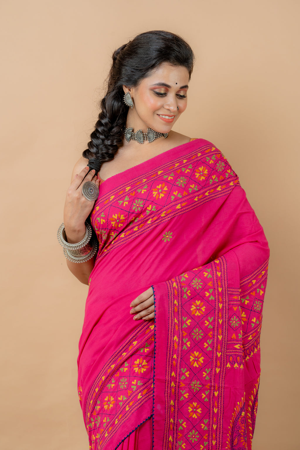 Cotton Saree With Kantha Work - Aankona