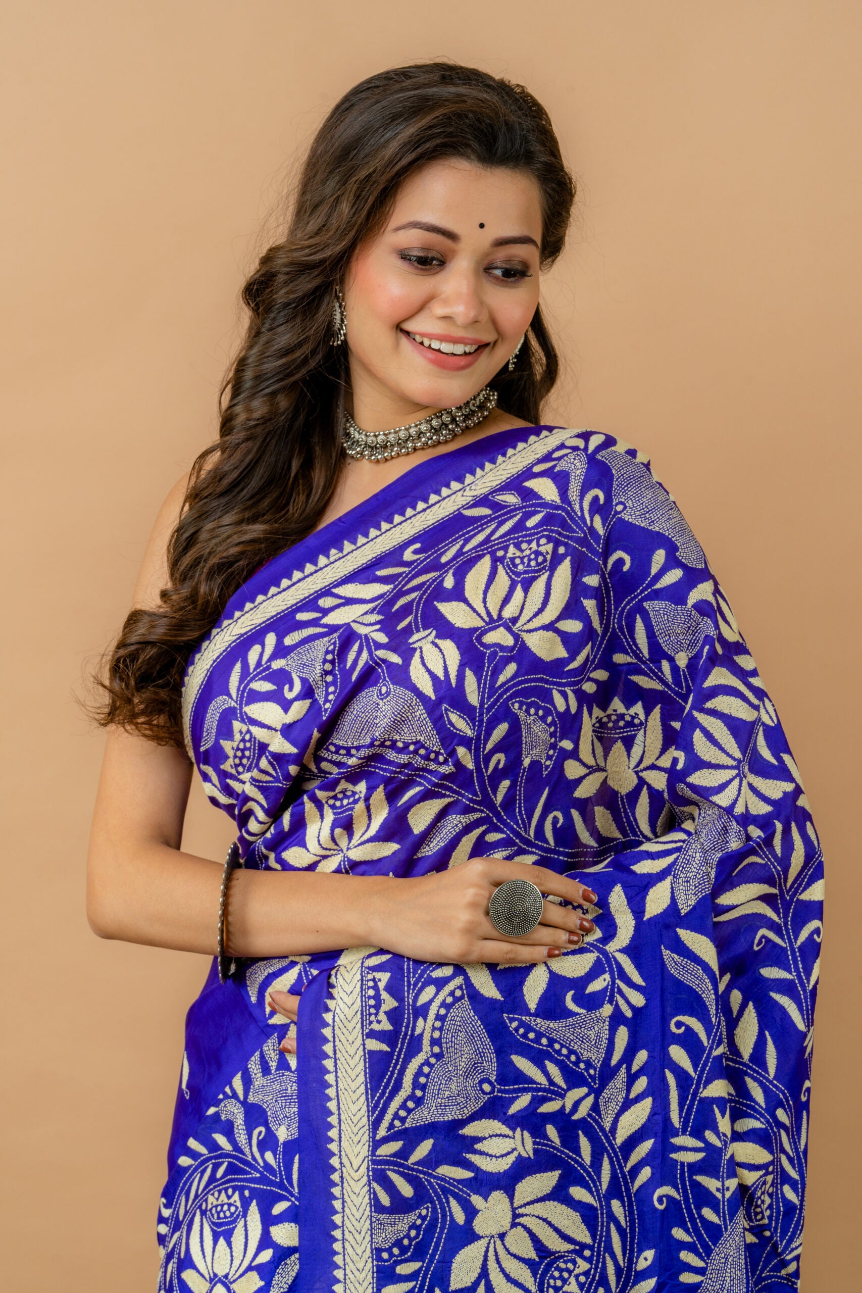 Bangalore Silk With Traditional Kantha work Saree,Aankona,Silk saree