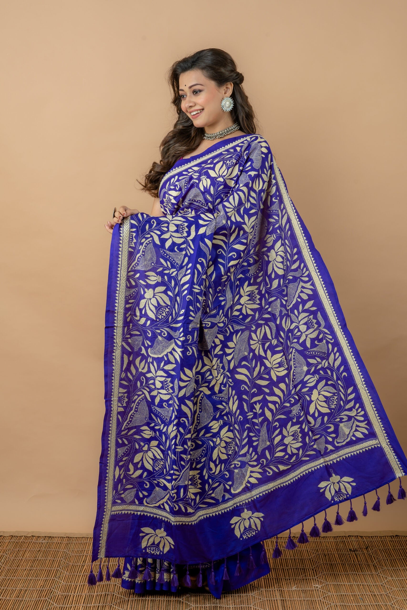 Bangalore Silk With Traditional Kantha work Saree,Aankona,Silk saree