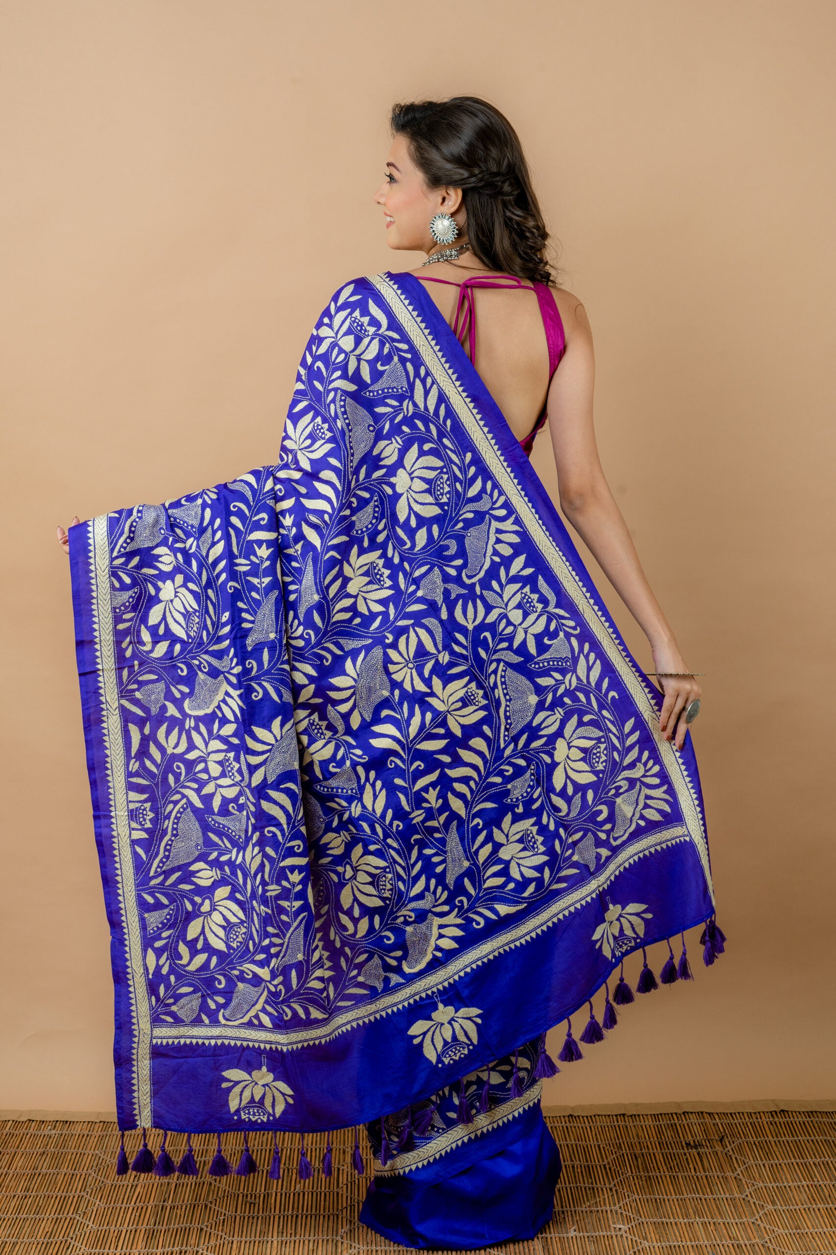 Bangalore Silk With Traditional Kantha work Saree,Aankona,Silk saree