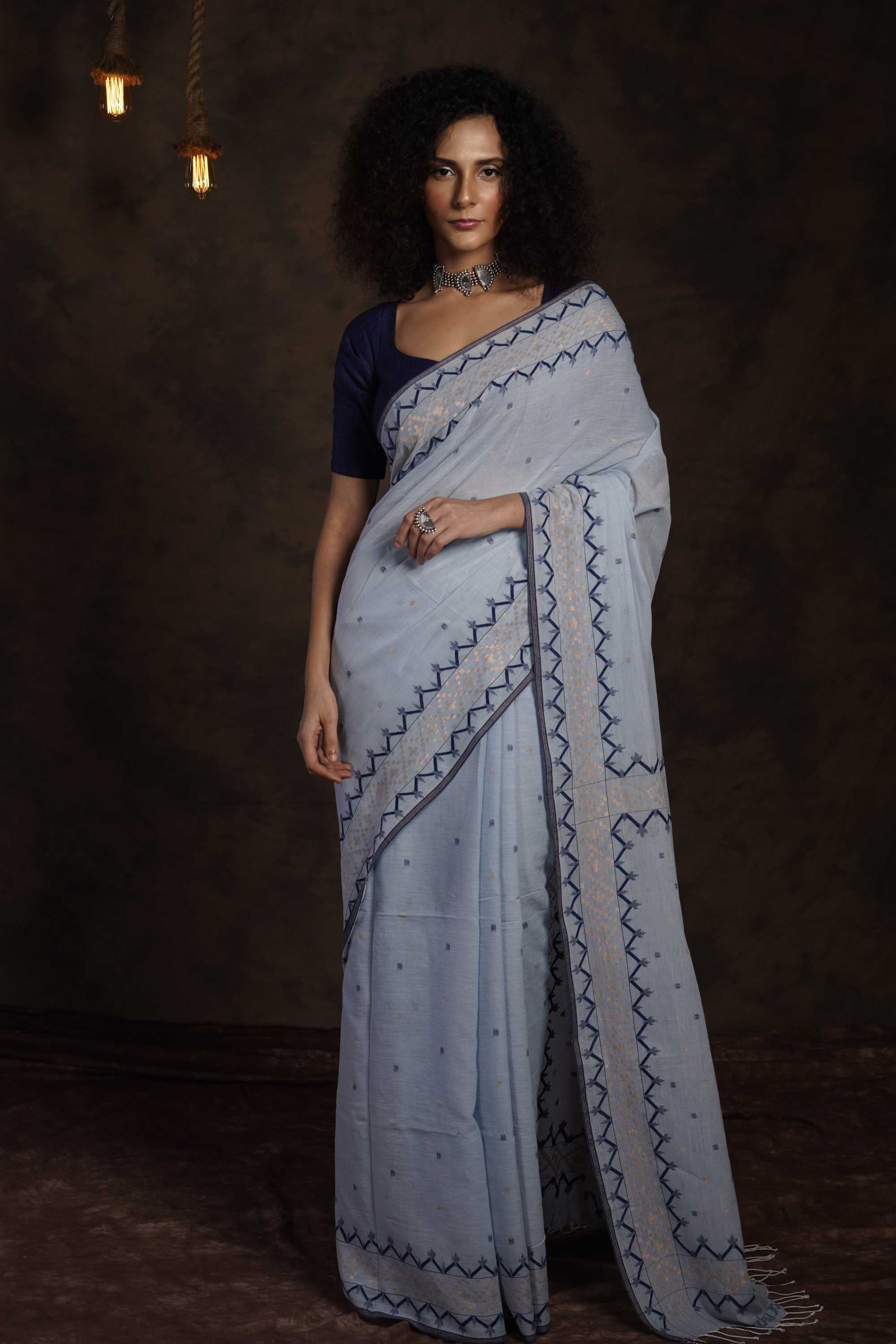 Meghneel - Handwoven Sky Khadi Jamdani Saree